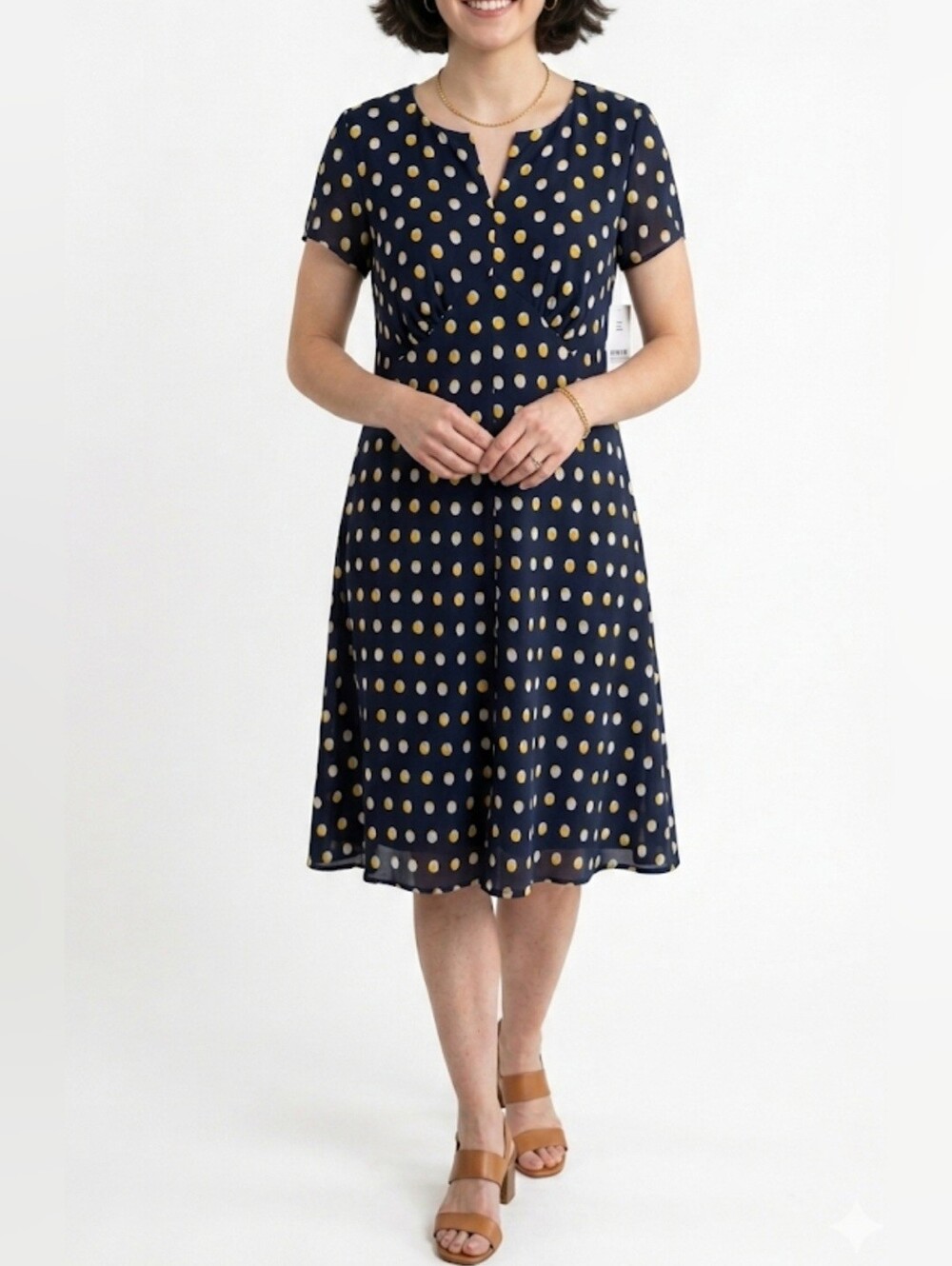 Talbots Navy Blue Polka Dot Short Sleeve Fit-and-Flare Dress, Size 16 WP